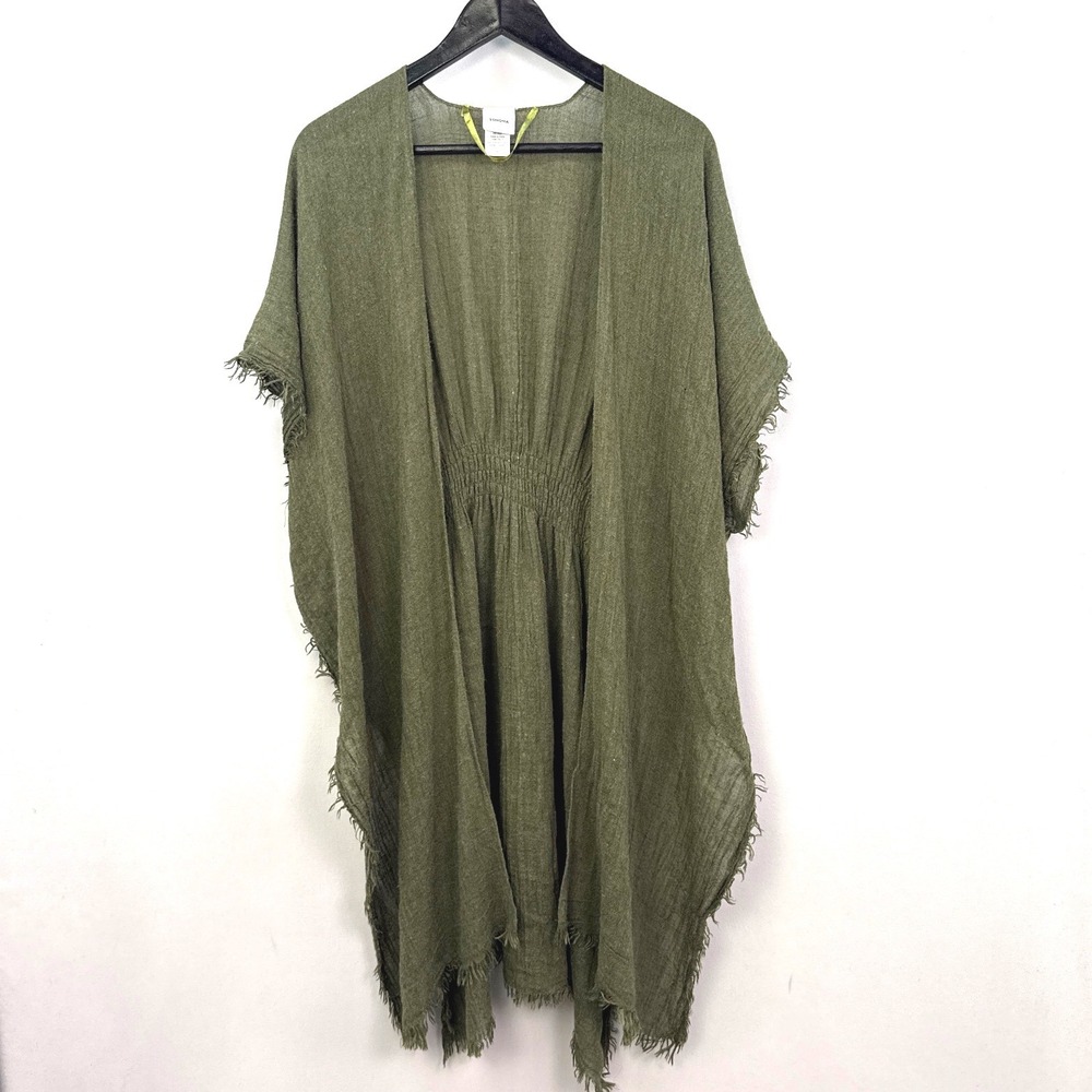 Sonoma Goods For Life Womens Olive Green Smocked Back Frayed Kimono Wrap OS